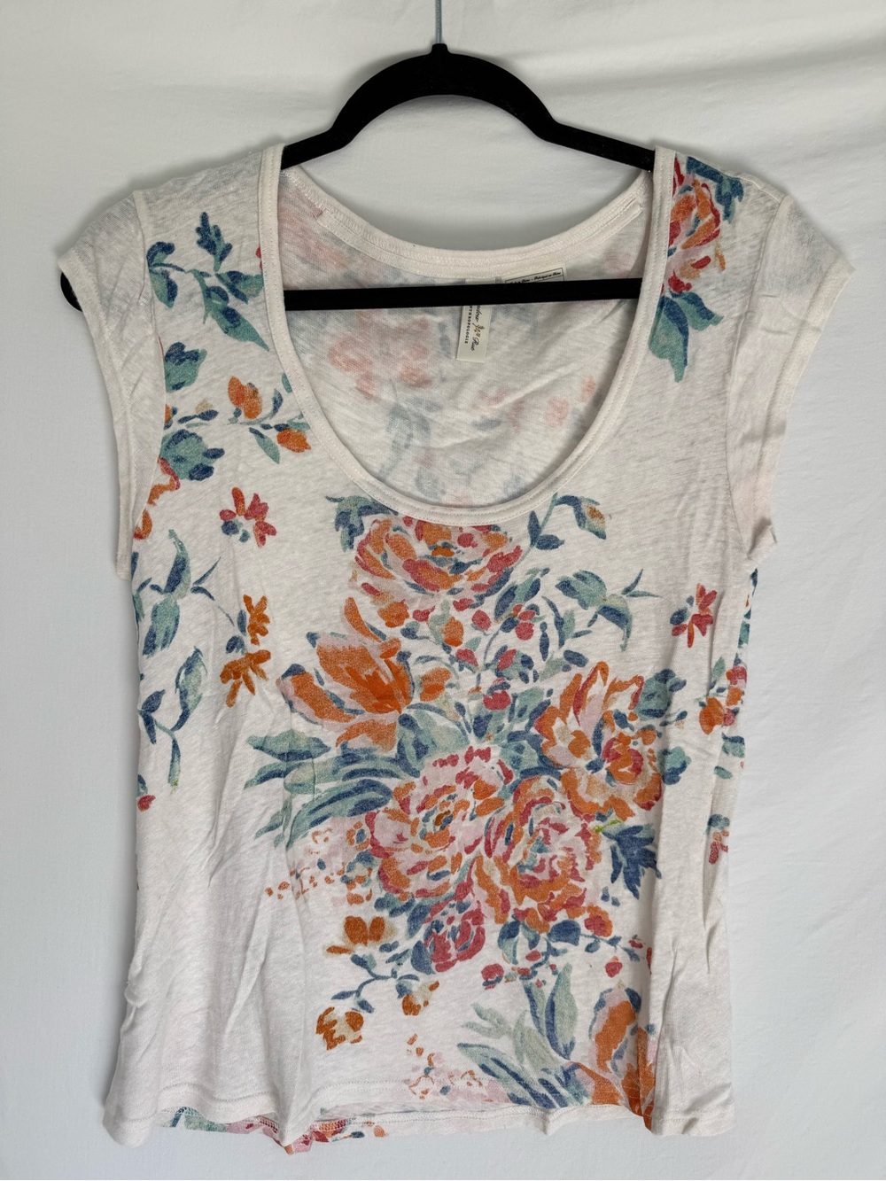 Anthropologie White Floral Scoop Neck Tank Top with Orange & Blue Print